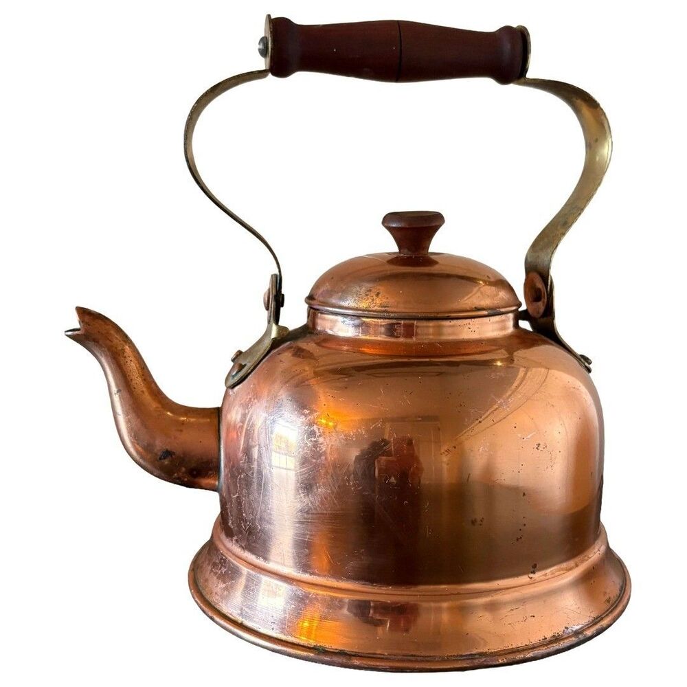 Vintage Copper Tea Kettle Brass Mounts Wood Handle Curved Spout Farmhouse Decor